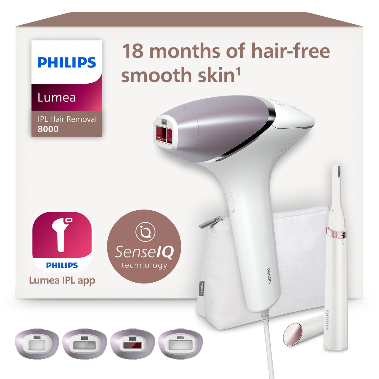 Philips Lumea serie 8000, dispositivo de depilación IPL, alternativa de depilación láser, tecnología SenseIQ, 4 accesorios para el cuerpo, lápiz recortador compacto satén, BRI949/00