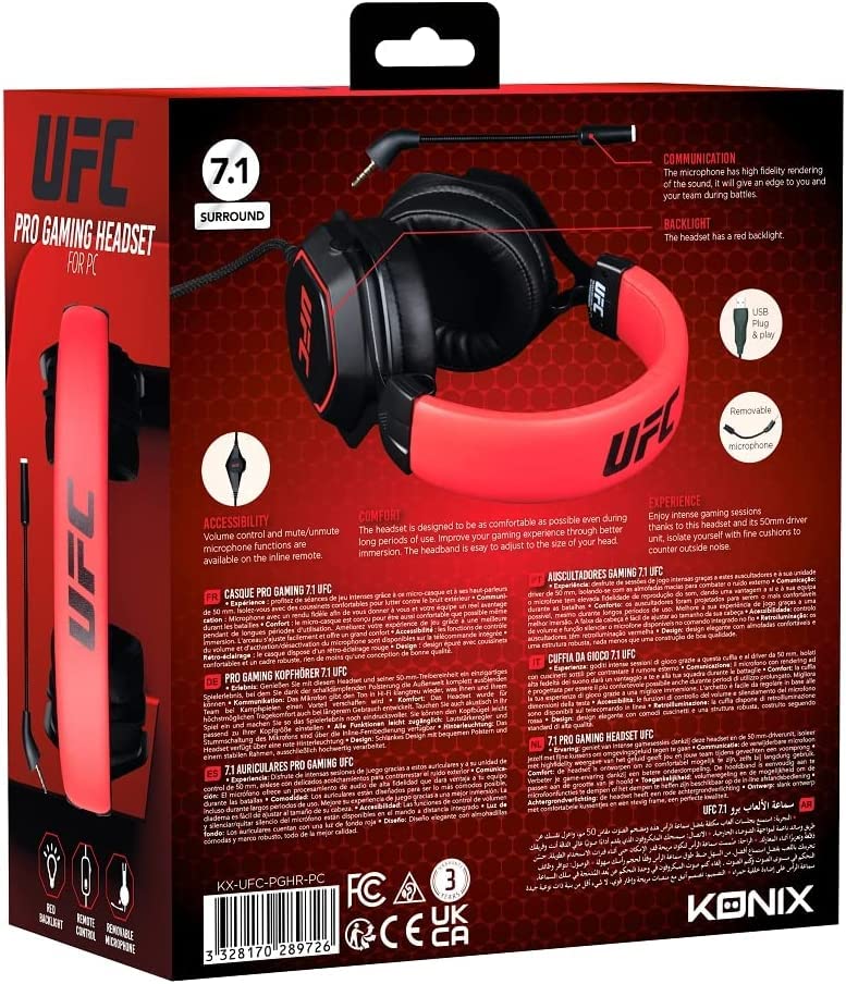 Konix UFC Auriculares Gaming con Cable 7.1 para PC - Altavoces de 50 mm - Micrófono Desmontable - Cable USB de 2 m - Retroiluminación - Negro y Rojo