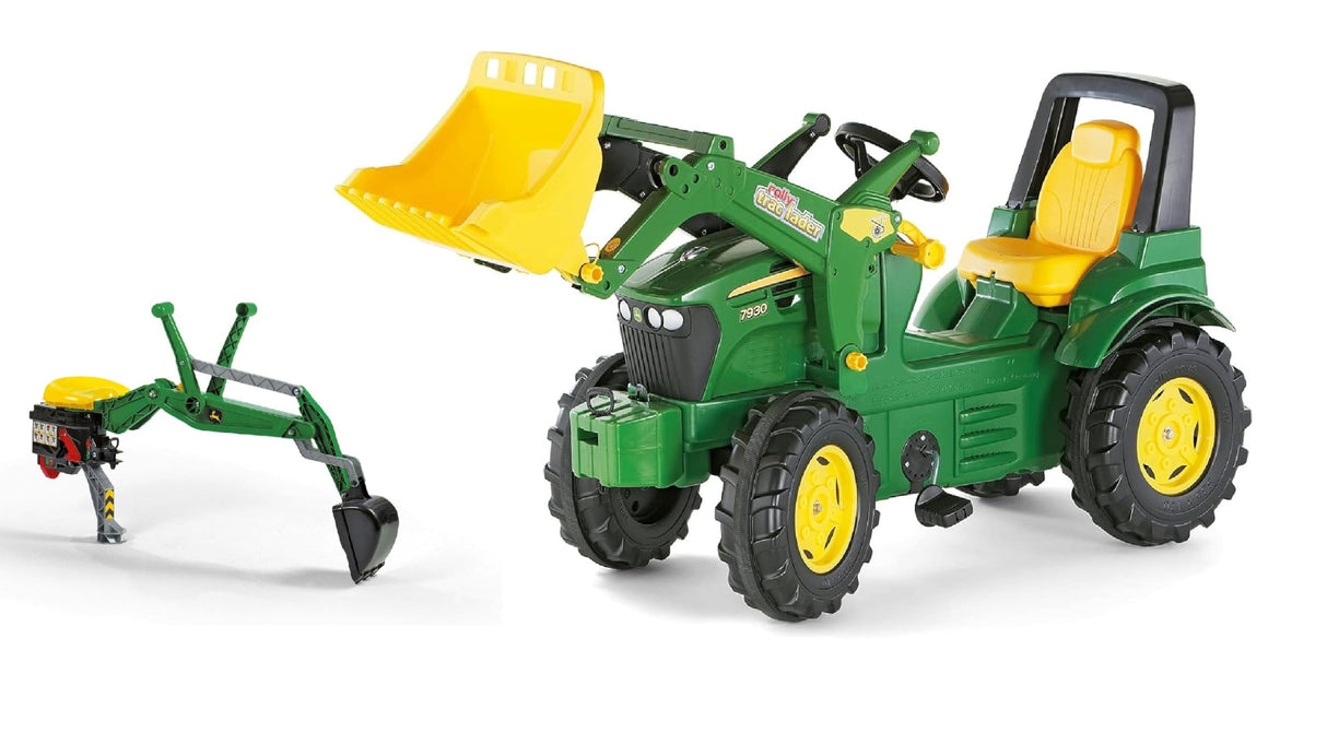Rolly Toys RollyFarmtrac John Deere 710447 - Juego de 2 Piezas con vehículo a Pedales para niños a Partir de Tres años y Excavadora Trasera con función de Asiento
