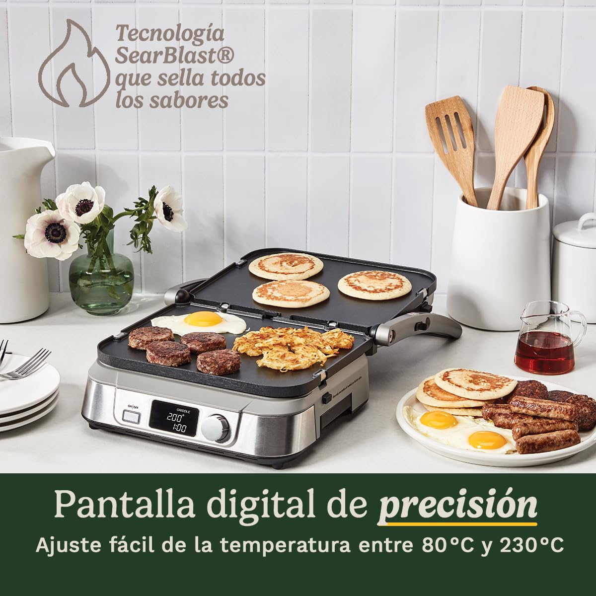 Cuisinart 6-en-1 : Gril, Plancha, Gaufrier | Plaques réversibles antiadhésives | Écran digital | SearBlast® | Bisagra ajustable, Acero inoxidable