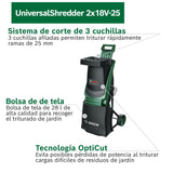 Bosch Trituradora a batería UniversalShredder 2x18V-25 (cuchillas de acero endurecido, corta ramas de hasta 25 mm, motor sin escobillas, incluye 2 baterías de 18V 4.0Ah, bolsa de 28 l, cargador)