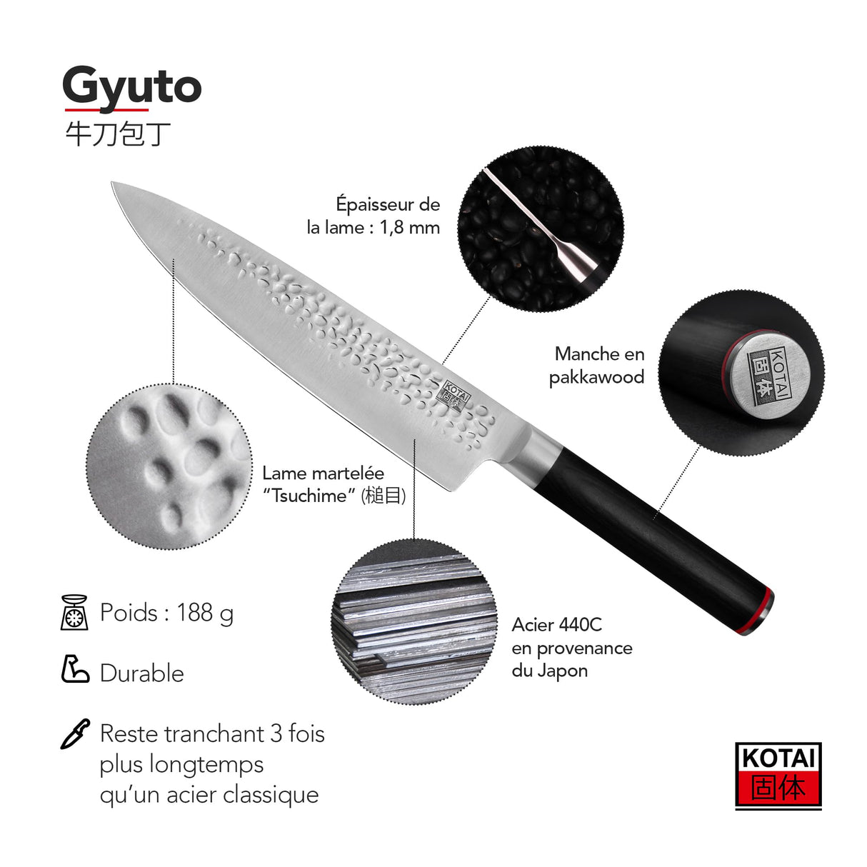 KOTAI | Cuchillo de chef Gyuto | Cuchillo de chef profesional | Hoja de 20 cm | Cuchillos forjados a mano | Acero inoxidable japonés 440C | Mango de madera de Pakka | Tang oculto completo