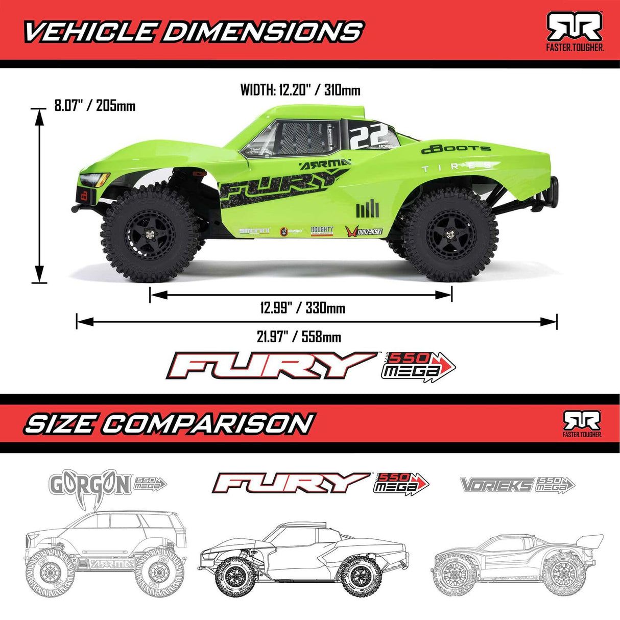 ARRMA Fury Mega 550 2WD Coche teledirigido 1/10 Short Course Truck, más de 30 km/h, actualizable, Incluye Accesorios, Verde ARA3221T1