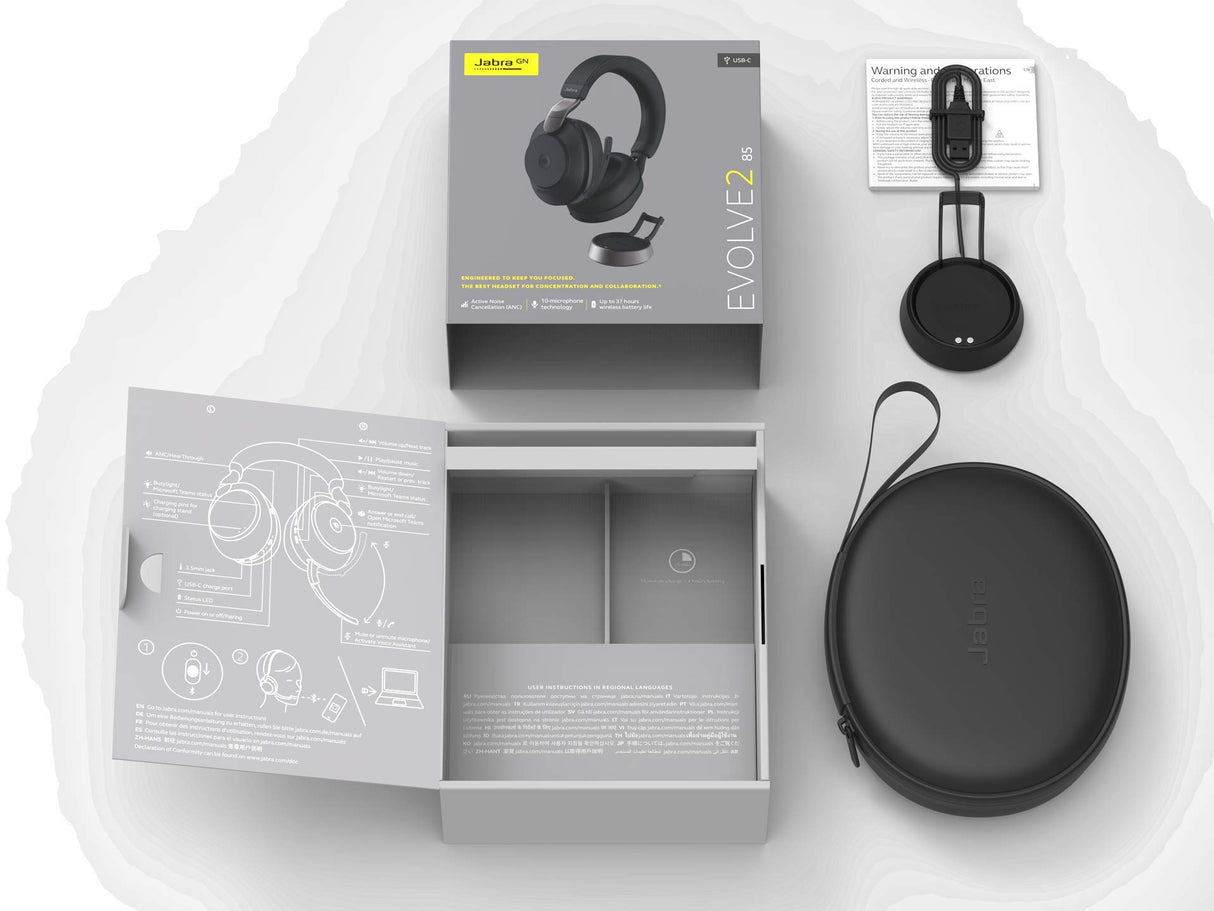Jabra Evolve2 85 Auriculares Inalámbricos Estéreo PC con Soporte de Carga - Certificados para Microsoft Teams - Batería de Larga Duración - Adaptador Bluetooth USB-A - Negro