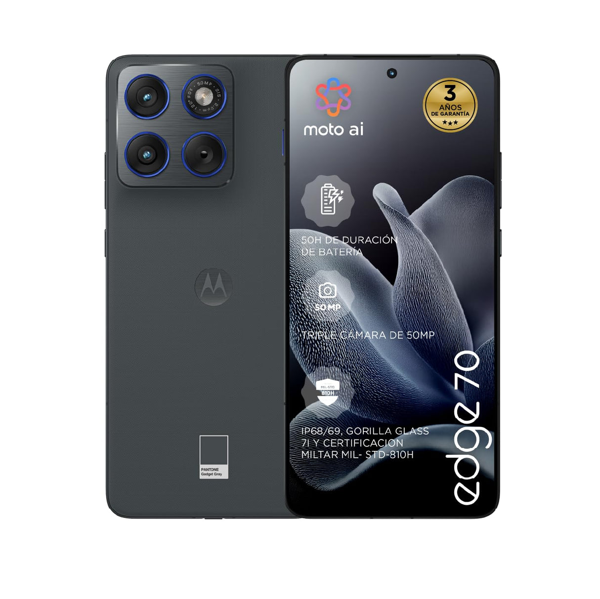 Motorola Edge 70 24GB (12GB+12GB RAM Boost)/512GB Gadget Grey, España. Diseño increíblemente Fino. Pantalla Super HD de 6,7". Triple cámara 50MP con Moto ai. 4800 mAh. Durabilidad de Grado Militar