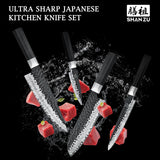 SHAN ZU 7 Piezas Juego de Cuchillos de Cocina con Bloque, Set de Cuchillos Afilados en Acero 9Cr18MOV de 7 Capas, Cuchillo Japonés Forjado a Mano, Bloque de Cuchillo de Chef, Mango G10 - TAKUMI Series
