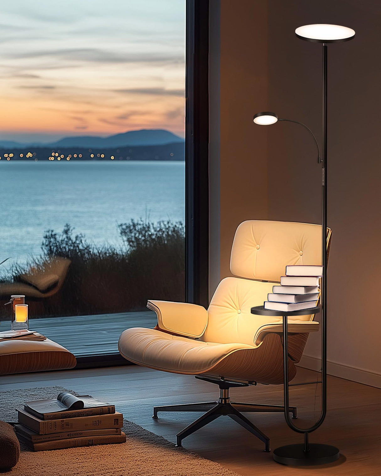 LuminexDesigns Lámpara de Pie LED con Mesa, 36W+7W Regulable 3200LM+600LM con Mando, Cabezal Giratorio 350°, 2700K-6500K, Lámpara Moderna para Salón Negra