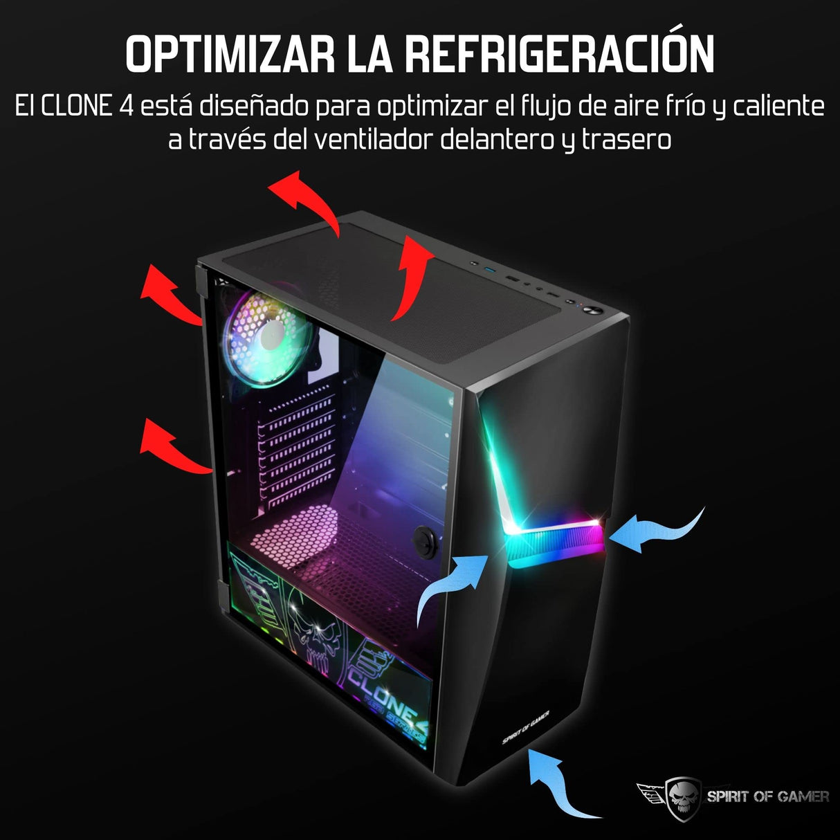 SPIRIT OF GAMER - Clone 4 - Caja PC Gaming RGB con Pared Transparente De Vidrio Templado - CREA Tu Propia Torre PC Gamer - Torre Compatible con ATX/MATX/ITX - 2 Ventiladores de 120 mm incluidos