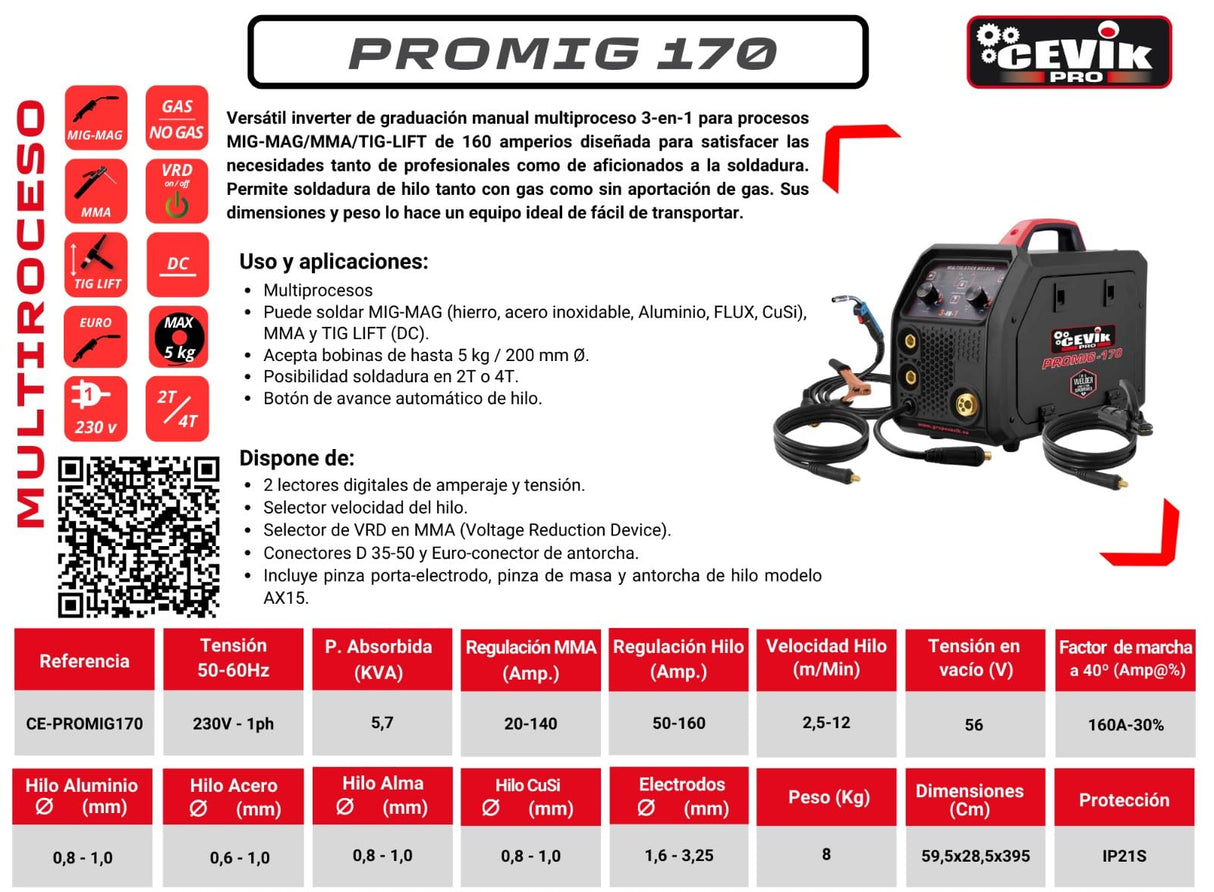 CEVIK PRO CE-PROMIG170 - Soldador Inverter FLUX/MIG/TIG/MMA - 160A 60% - 230V - Hilo hasta 1mm - Electrodos hasta 3.25mm - Display Digital - Incluye Antorcha MIG, pinza masa, portaelectrodo