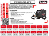 CEVIK PRO CE-PROMIG170 - Soldador Inverter FLUX/MIG/TIG/MMA - 160A 60% - 230V - Hilo hasta 1mm - Electrodos hasta 3.25mm - Display Digital - Incluye Antorcha MIG, pinza masa, portaelectrodo