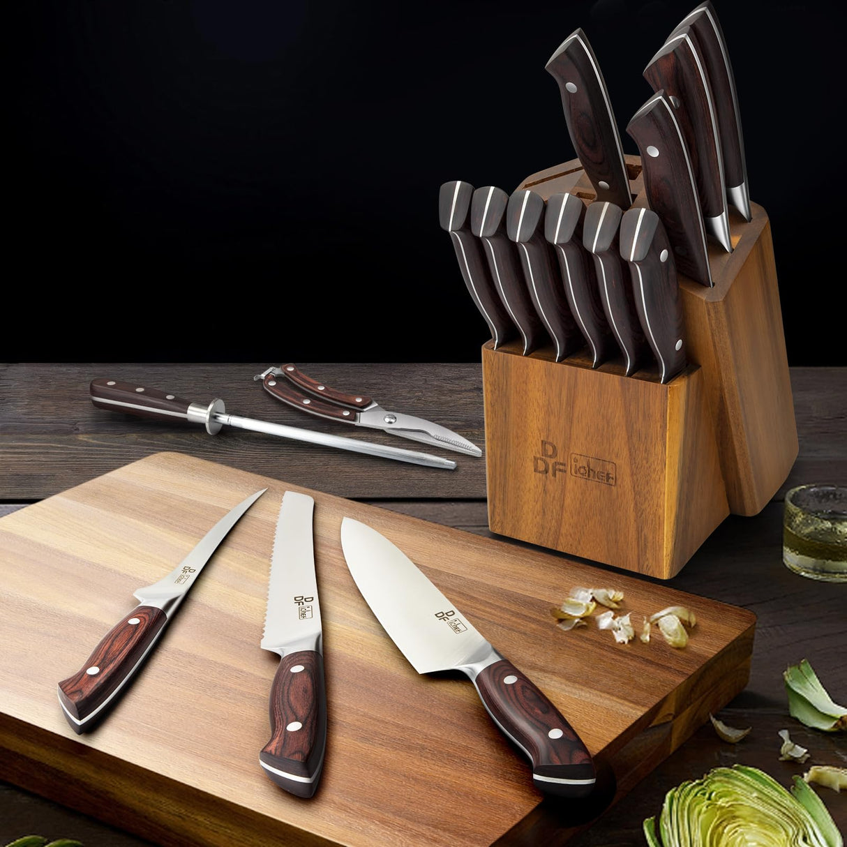 DDF iohEF Juego de Cuchillos de Cocina de 16 Piezas con Bloque, Juego de Cuchillos Cocina Profesional de Acero Inoxidable con Afilador, juego de cuchillos de chef Ultra Afilados con Mango Ergonómico