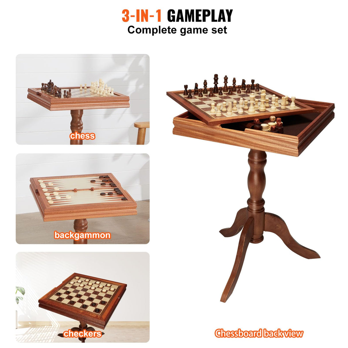 VEVOR Juego de ajedrez de Damas y Backgammon 3 en 1, Tablero de ajedrez de Madera 44 x 67,5 cm, Mesa de Juego combinada de Lujo, Materiales de Regalo Ideales para Juegos de Mesa