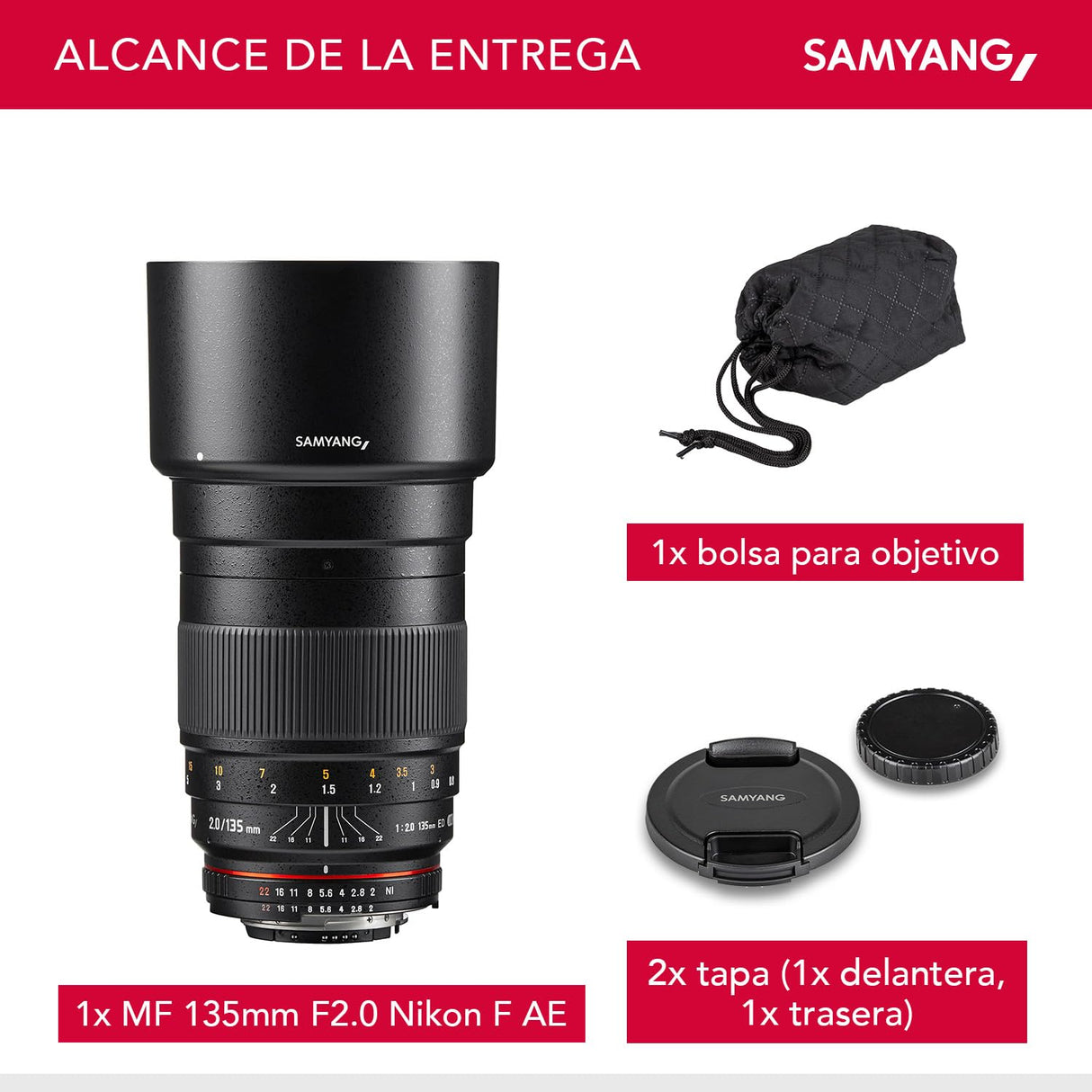 Samyang F1112203101 - Objetivo fotográfico DSLR para Nikon F Ae (Distancia Focal Fija 135mm, Apertura f/2-22 ED UMC, diámetro Filtro: 77mm), Negro