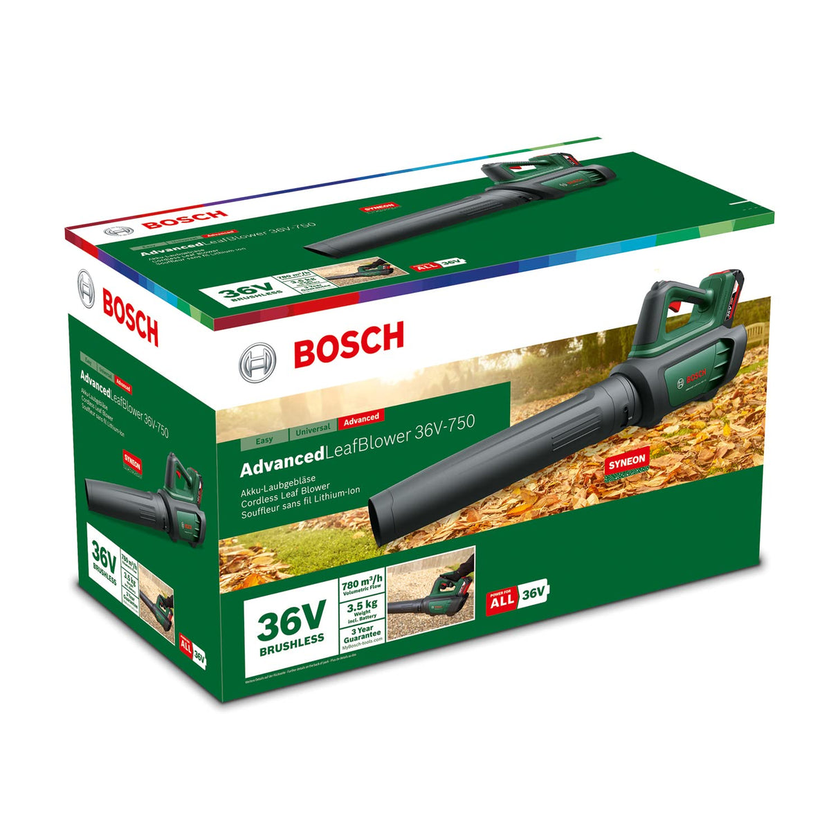 Bosch Soplador de Hojas Bosch AdvancedLeafblower 36V750 (batería de 2.0 Ah, Sistema de 36 voltios, para Eliminar Hojas Rebeldes en áreas Grandes, Peso: 3,5 kg)