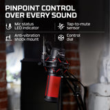 HyperX QuadCast - Micrófono de condensador USB, soporte de choque antivibración, cuatro patrones polares, filtro pop, control de ganancia, para PC, PS4, PS5 y Mac, Negro y Rojo