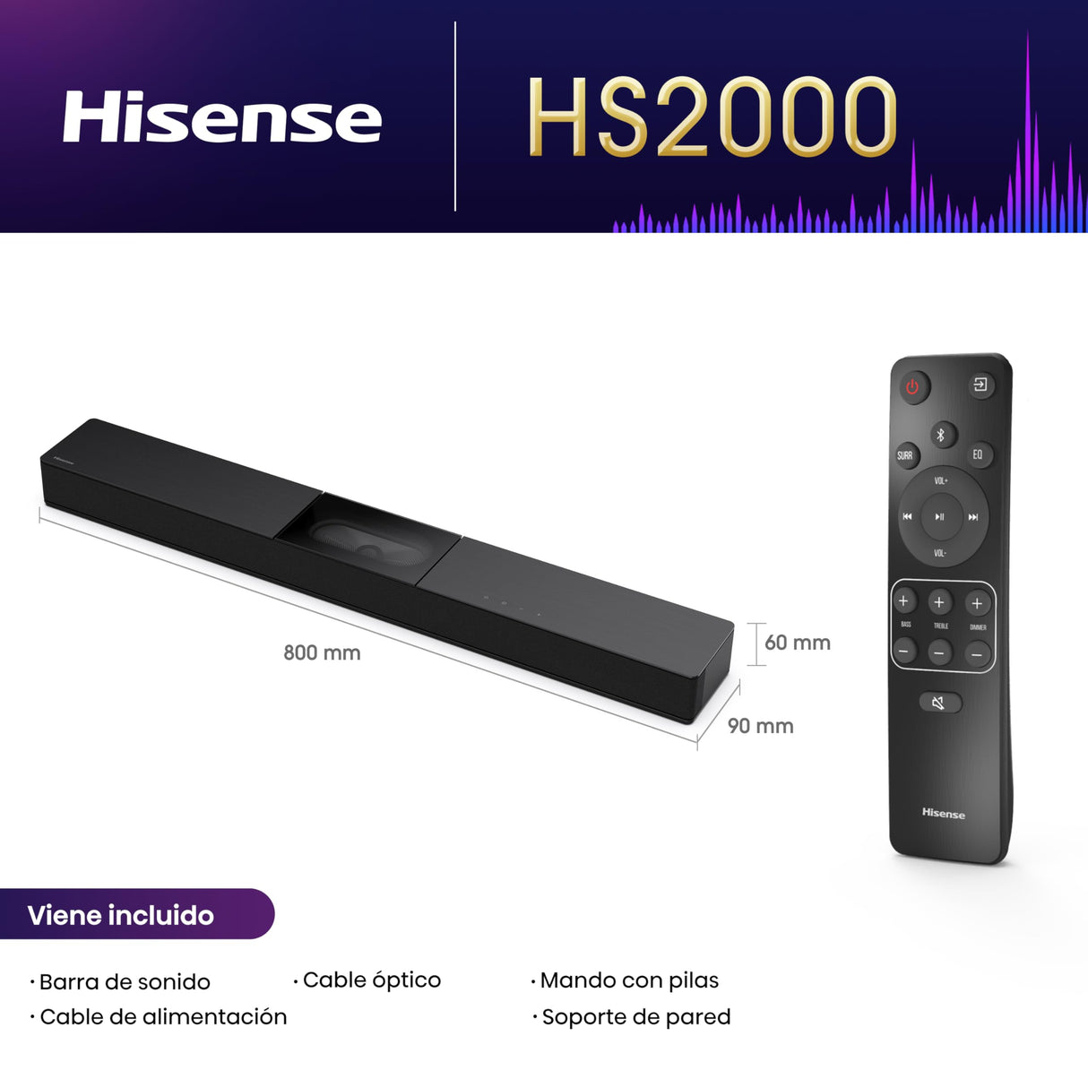 Hisense HS2000 - Barra de Sonido 2.1, 240W, Subwoofer Incorporado, Dolby Digital Plus, DTS Virtual:X, Modo TV, EzPlay