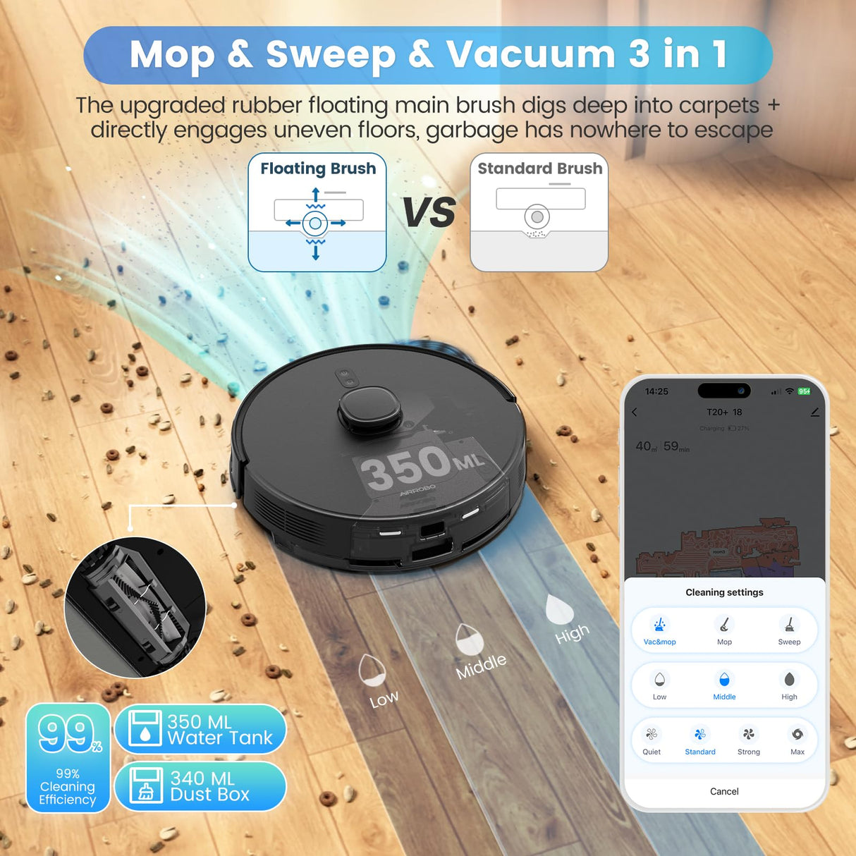 AIRROBO T20 Robot Aspirador y fregasuelos con Base autovaciado, Navegación láser, Succión 2700Pa, WiFi/Alexa/Google/App, Robot Aspirador mapeo, Sacchetto per Polvere da 3,3L, para Mascotas