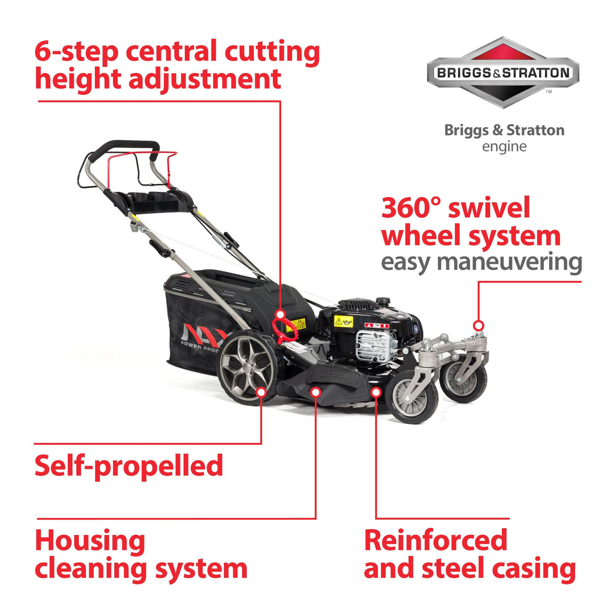 NAX POWER PRODUCTS 2000S Briggs & Stratton Serie 625EXi 150 cm3 ReadyStart Ancho de Corte 46 cm Cesta 60l Ruedas giratorias Delanteras cortacésped a Gasolina con propulsión, nax2000s 625exi 46 cm