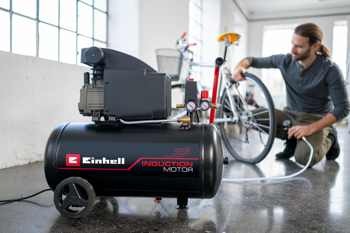 Einhell compresor TC-AC 270/50/10 (1800 W, máx. 10 bar, depósito de 50 l, lubricado con aceite, manómetro para presión de trabajo y de caldera, 270 l/min potencia de aspiración, reductor de presión)