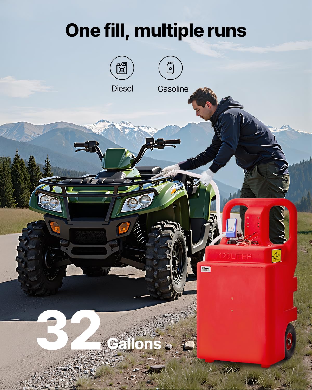 VEVOR Tanque de Combustible 540x465x1070 mm 121,13 L con Bomba de Transferencia de Combustible Eléctrica, Manguera de 1,2 m, Boquilla con Sensor de Parada Automática, para Gasolina y Diésel, Rojo