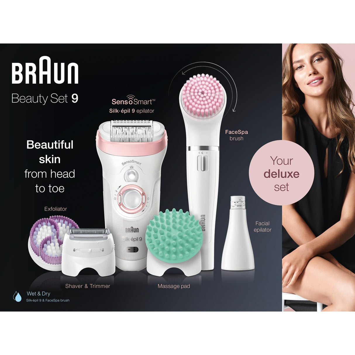 Braun Silk-épil 9 Kit Depiladora Eléctrica Mujer, 9-995 Deluxe 9 en 1, Depilación inalámbrica en seco y húmedo, Depiladora, afeitadora, exfoliante, kit de limpieza facial y corporal, blanco/rosa