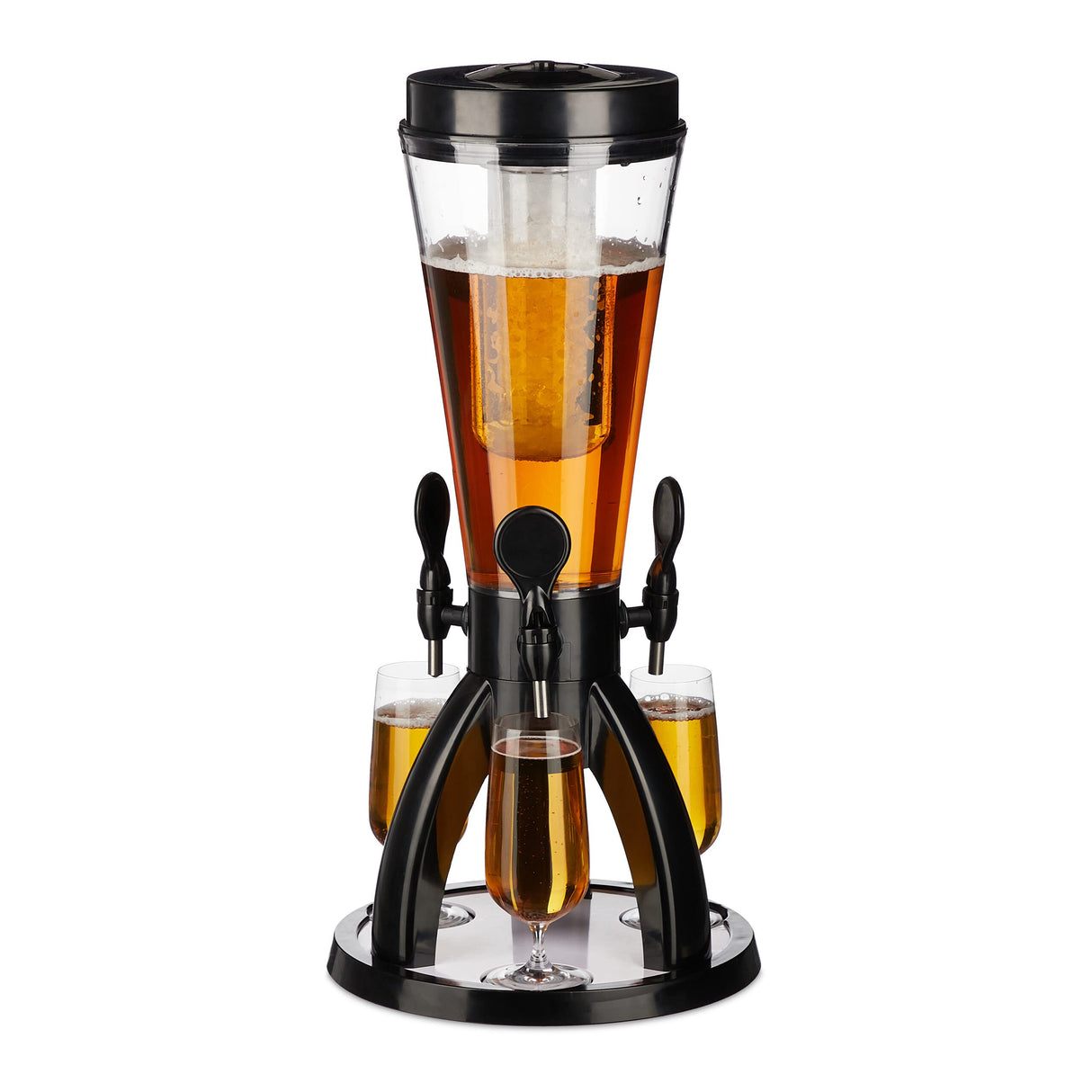 Relaxdays Columna Torre de Cerveza con 3 Grifos, 4 L, Dispensador de Bebidas con Enfriador, Beer Tower, Transparente y Negro