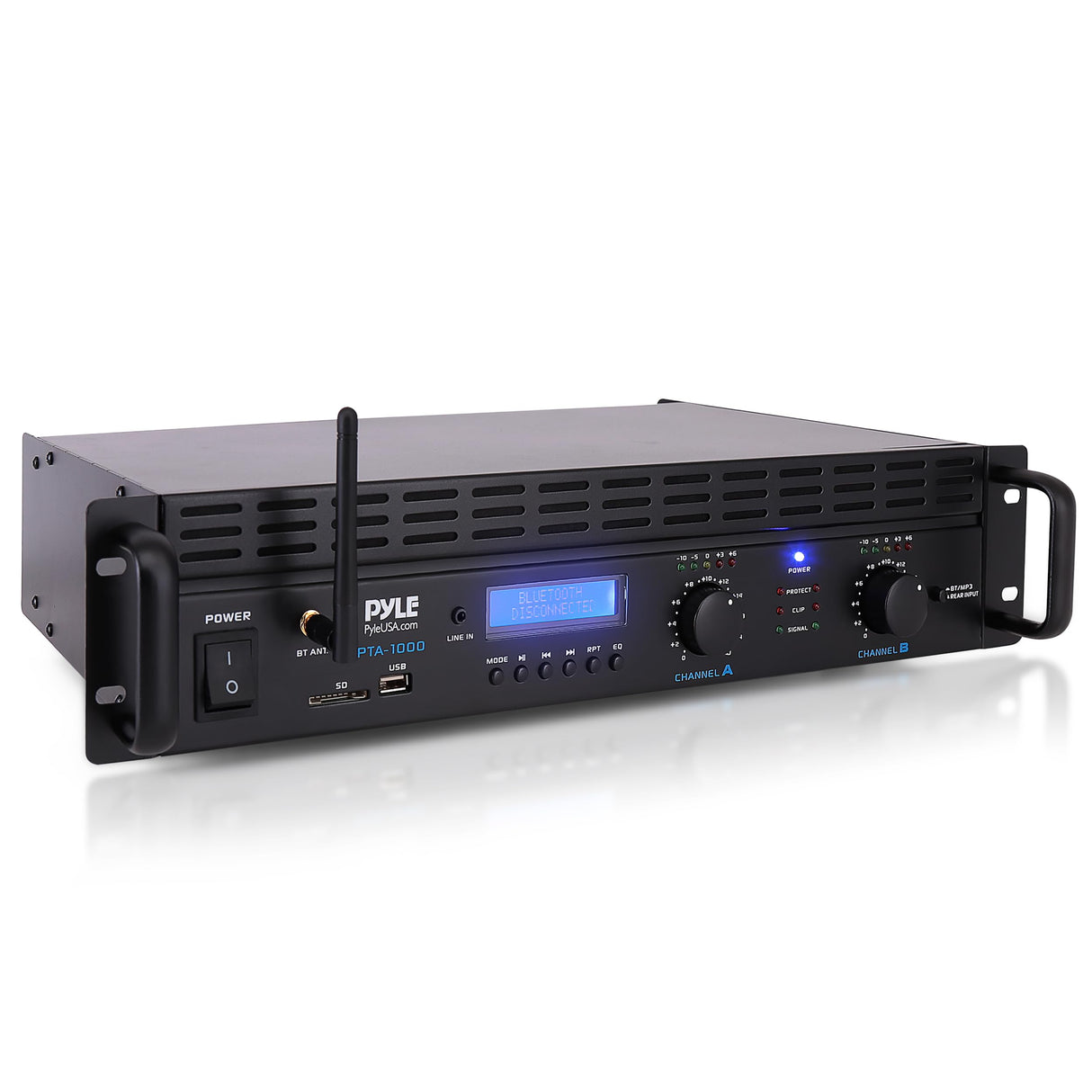 Pyle Amplificador de Sonido, para el hogar, 2000W, Bluetooth, Estereo, Entradas TRS XLR, LCD, 2 Canales, Modo Puente, Ventilador de refrigeracion