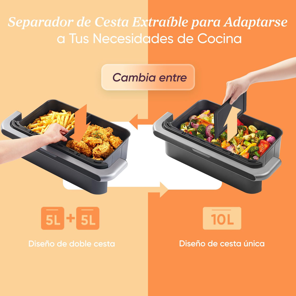 Cosori Freidora de Aire Grande-True Acero Inox-4 Resistencias Dual Blaze TwinFry 10 L-Flexible Doble Cesta Air Fryer 2800 W- Smart WIFI Control– 66 % Eficiencia Energética-6 en 1-Máx 10 Personas