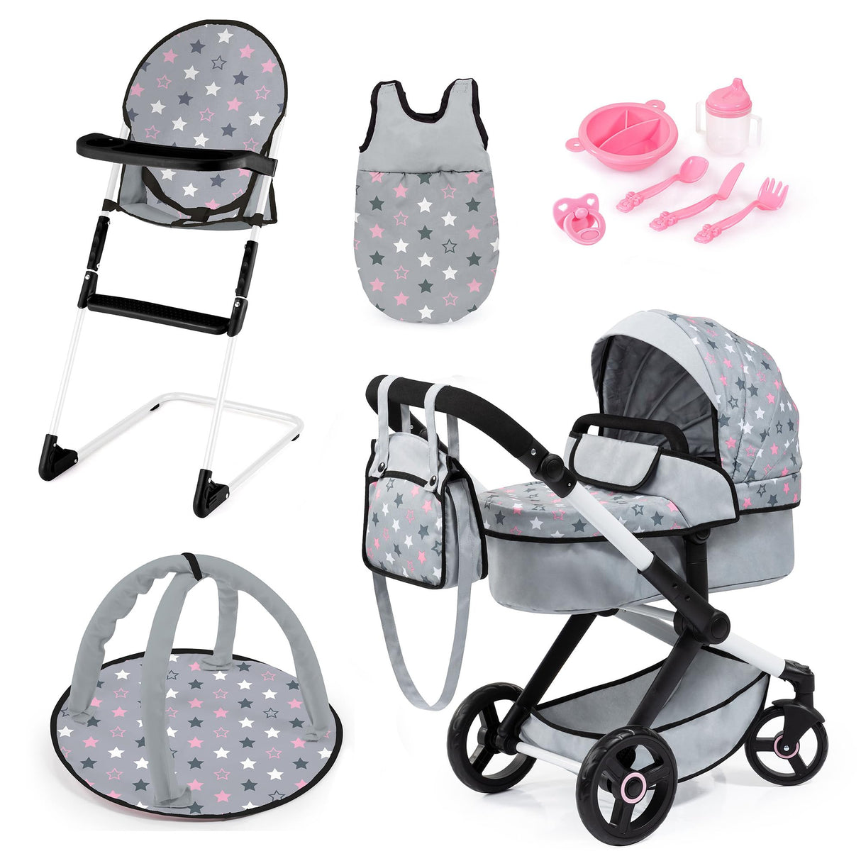 Bayer Design 17007AB Cochecito de muñeca XEO, Convertible, Regulable en Altura, Trona para muñeco bebé, Bolsa, Saco de Dormir, Gimnasio Actividades, Accesorios