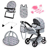 Bayer Design 17007AB Cochecito de muñeca XEO, Convertible, Regulable en Altura, Trona para muñeco bebé, Bolsa, Saco de Dormir, Gimnasio Actividades, Accesorios