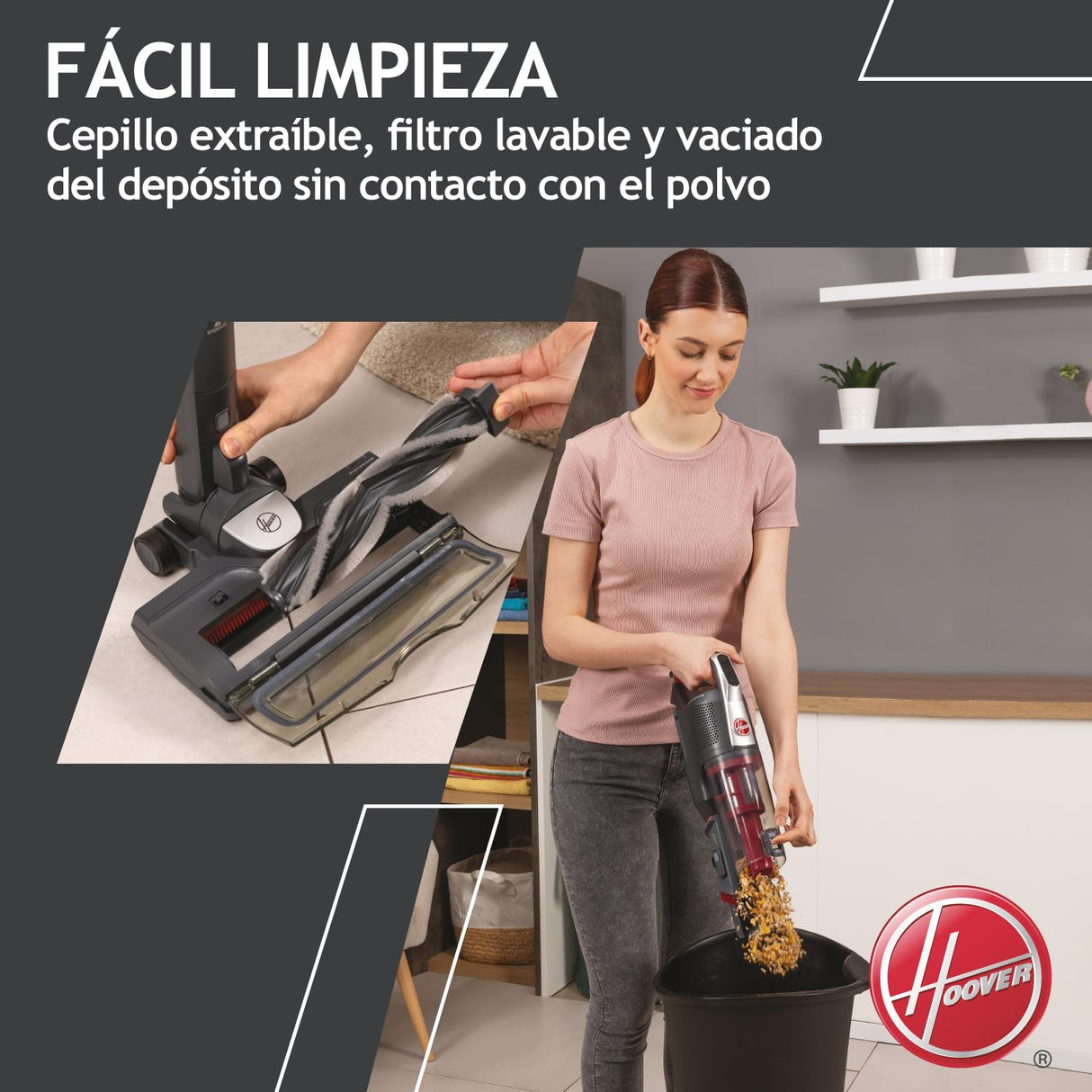 Hoover HF500 Plus Home HF522STH Aspiradora Escoba sin Cable, Accesorio 2 en 1, 45 min, Carga ultrarápida 2.5h, 15500 Pa, Dual led localizador de Polvo, Color Rojo