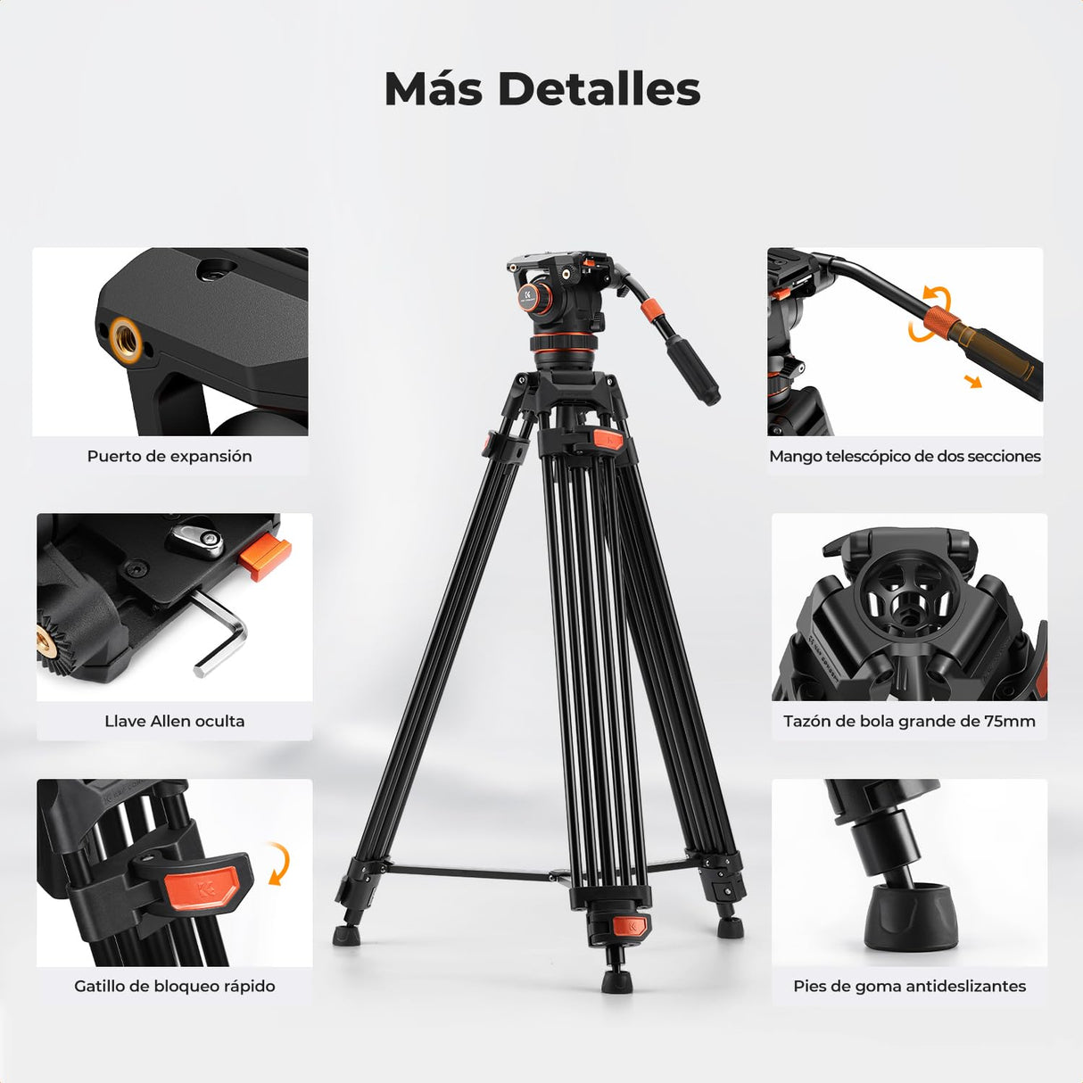 K&F CONCEPT 75"/ 191cm Trípode Video VA3+BV60, Trípode de Aleación de Aluminio Resistente con 360° Cabezal de Fluido, Compatible con Canon Nikon Sony y Otras, Carga hasta 22lb/10kg