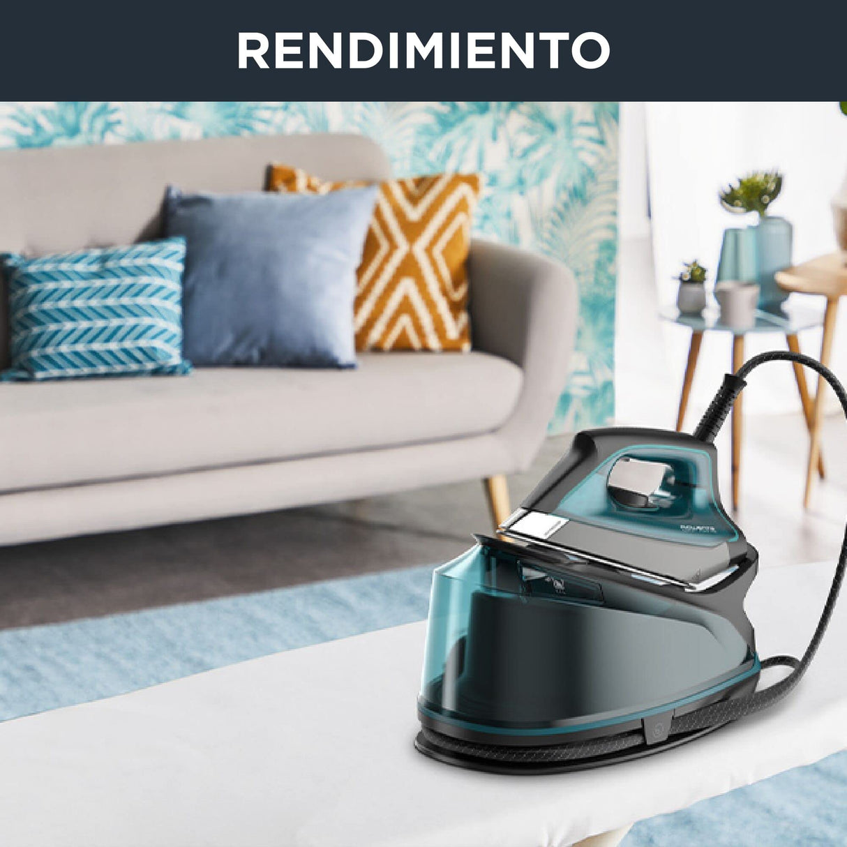 Rowenta Compact Steam Pro DG7623 Centro de planchado, 6.3 bares de presión, golpe de vapor de 325 g/minuto, suela antiarañazos deslizante, sistema eco, Color Azul/Negro