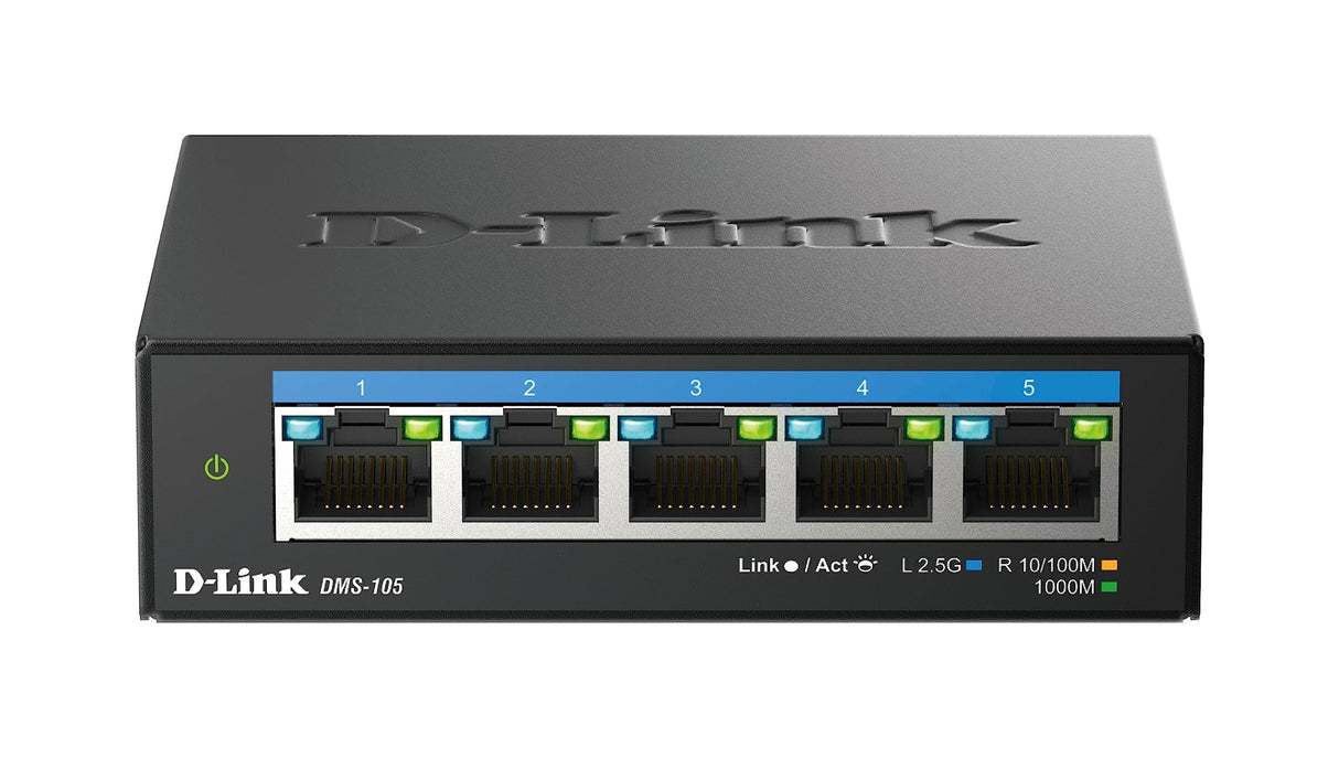D-Link DMS-105, Switch Multigigabit, sin gestión, sobremesa, 5 Puertos 2.5 Gigabit (2.500 Mbps), Ideal para Enlace a NAS o servidores, metálico, Plug and Play, IGMP Snooping