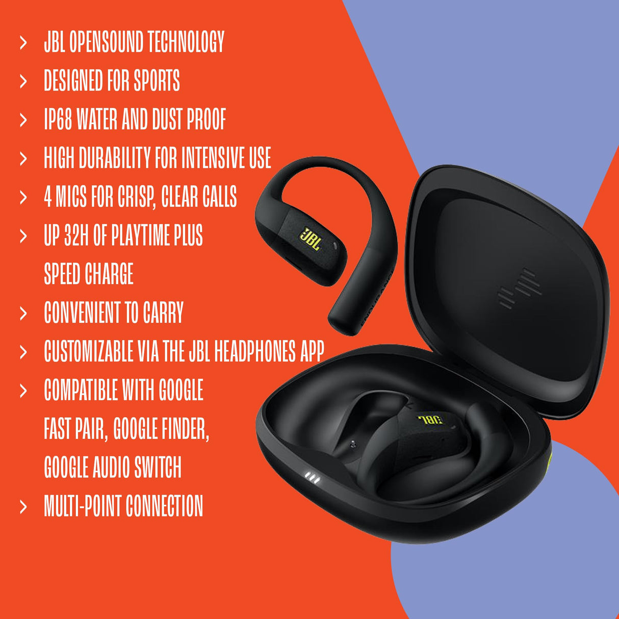 JBL Endurance Zone Auriculares Deportivos inalámbricos Abiertos True Wireless, diseño ergonómico de Gancho, OpenSound, 32 h de autonomía, Resistencia IP68, Google Finder, Negro/Verde