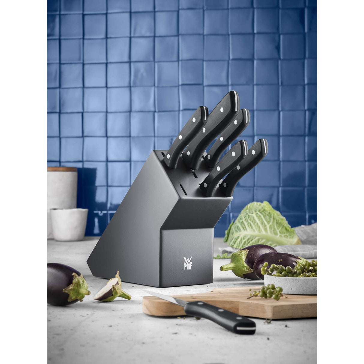 WMF Profi Select - Juego de 7 Piezas, 6 Cuchillos con Soporte de madera lacado en Color Gris, Hoja de Acero Templado con Filo de Larga Duración