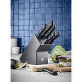 WMF Profi Select - Juego de 7 Piezas, 6 Cuchillos con Soporte de madera lacado en Color Gris, Hoja de Acero Templado con Filo de Larga Duración