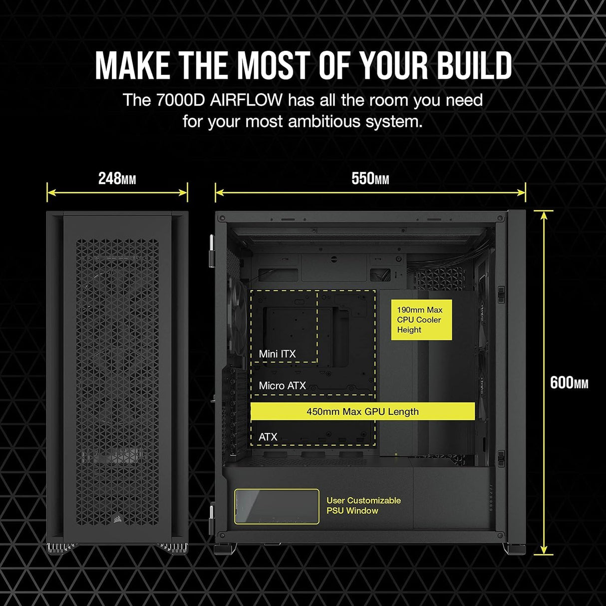 Corsair 7000D AIRFLOW Chasis para PC ATX Full-Tower, Panel Frontal con Un Caudal de Aire Elevado, Tres Ventiladores de 140 mm Incluidos con Repetidor PWM, Espacioso Interior, Negro