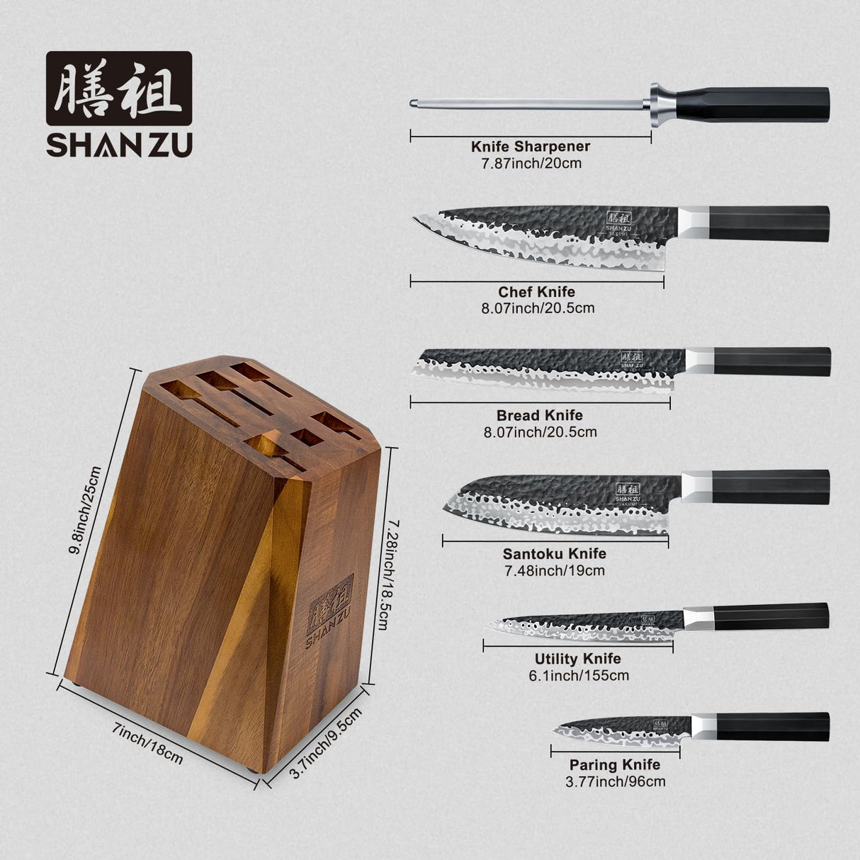 SHAN ZU 7 Piezas Juego de Cuchillos de Cocina con Bloque, Set de Cuchillos Afilados en Acero 9Cr18MOV de 7 Capas, Cuchillo Japonés Forjado a Mano, Bloque de Cuchillo de Chef, Mango G10 - TAKUMI Series