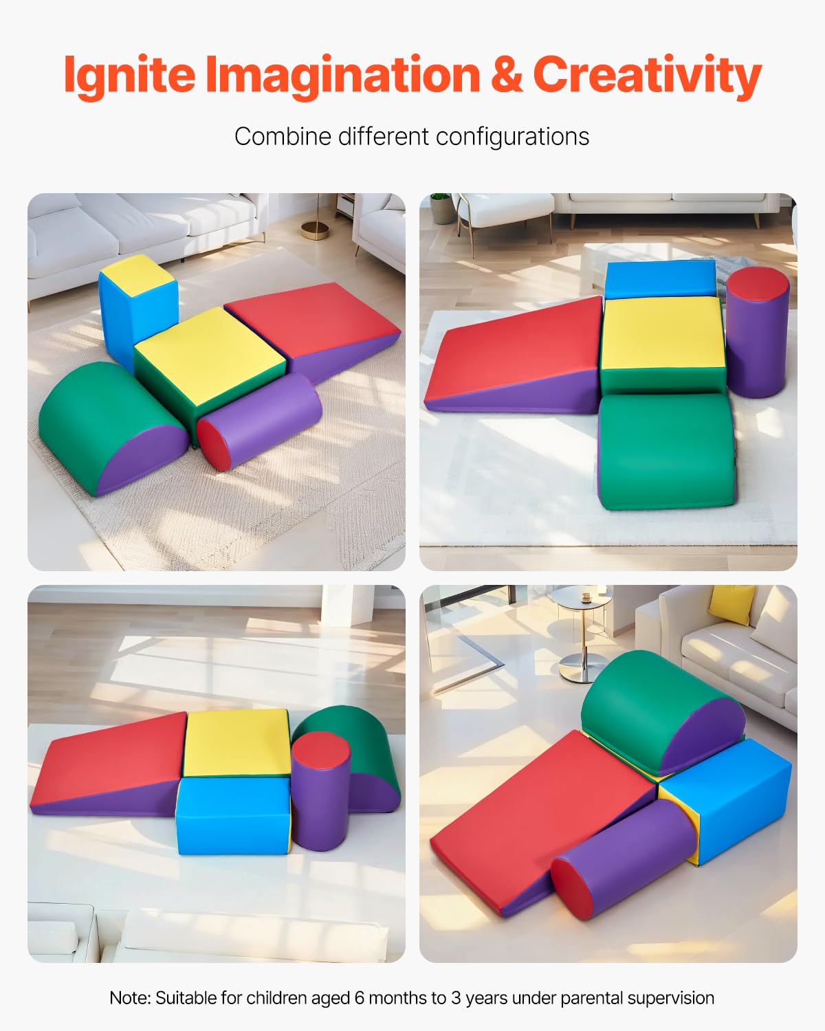 VEVOR 5 PCS Juego de Juguetes de Escalada de Espuma, Bloques de Escalada de Cuero Sintético, Juego de Actividades para Trepar y Gatear en Interiores Fácil de Limpiar, para Niños de 6 Meses a 3 Años