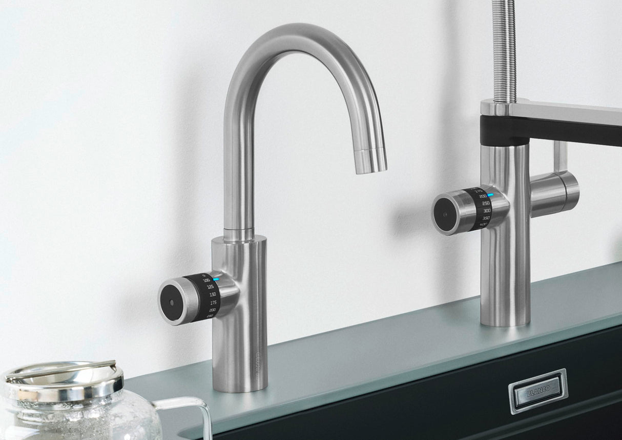 BLANCO drink.hot EVOL Mono Satin Gold | Sistema de agua caliente | Agua caliente hirviendo refinada | Ajuste de cantidad Click & Touch | Caño aislado separado | Grifería
