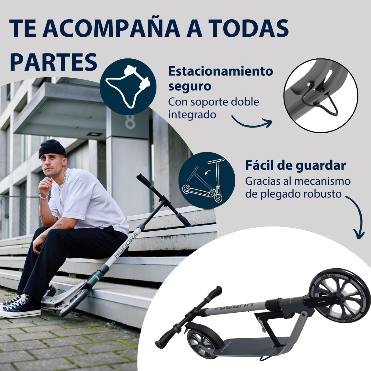 HUDORA Patinete BigWheel 230 Advanced – De Aluminio Resistente, hasta 120 kg – Patinete Urbano silencioso y Plegable con Soporte y Timbre – Kick Scooter para niños, Adolescentes y Adultos – Antracita