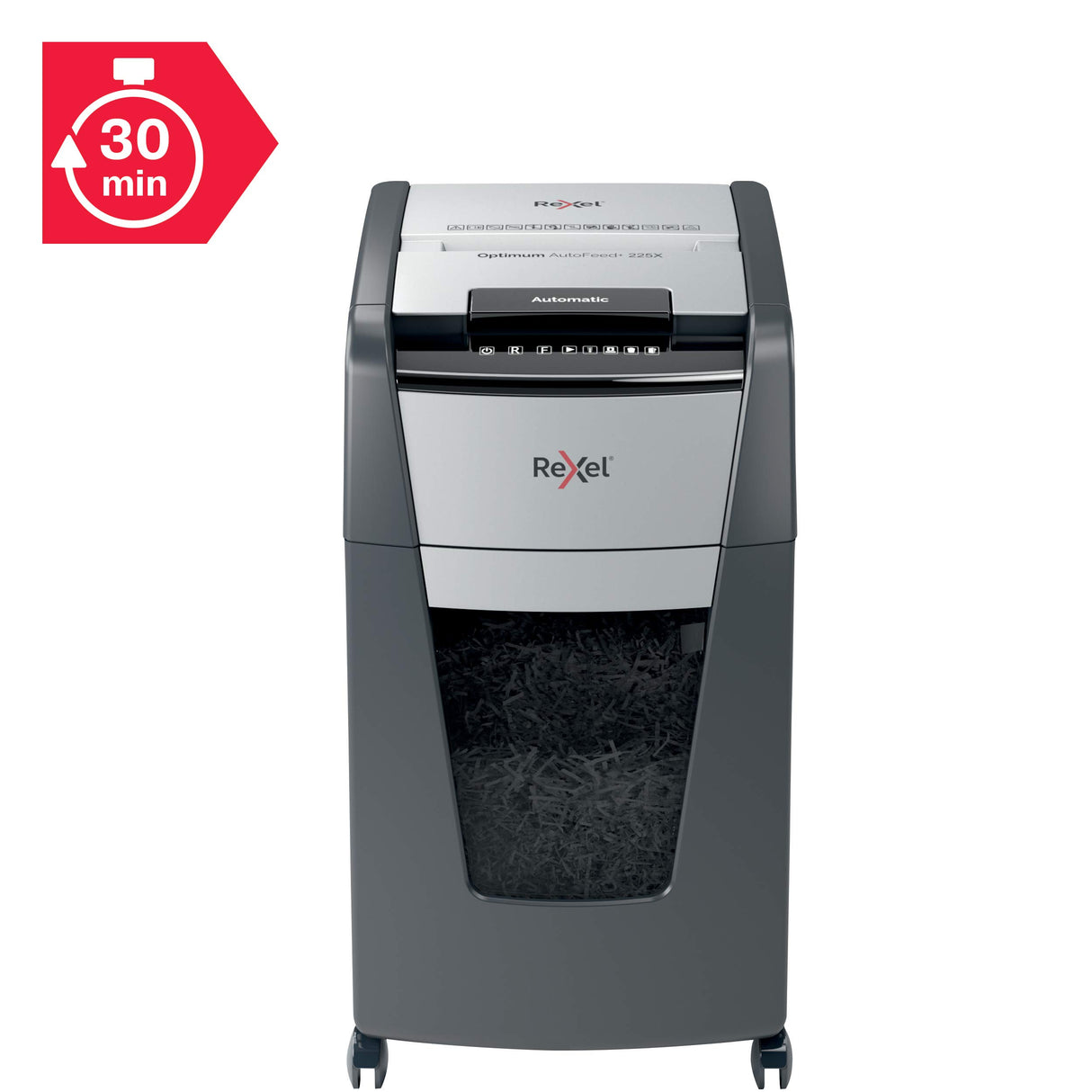 Rexel 2020225X - Destructora Automática Rexel Optimum AutoFeed 225X de Corte en Partículas P4 para Oficina, Destruye Hasta 225 Hojas a la Vez, Papelera Extraíble de 60 Litros, con Ruedas y Silenciosa