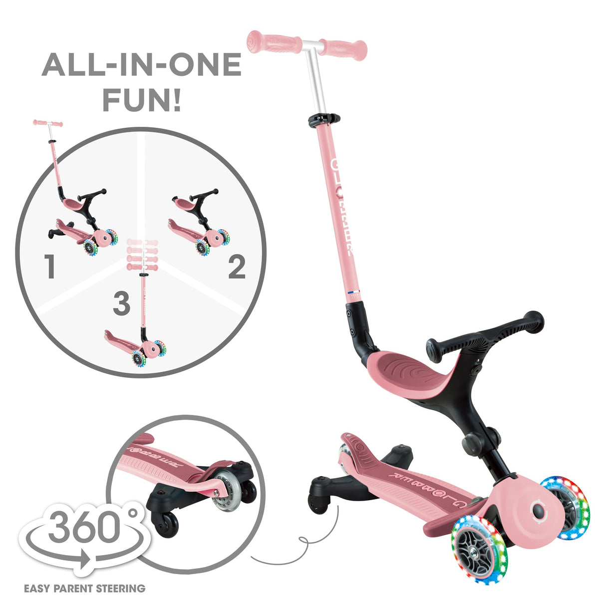 Globber - GO•UP Active Lights 360 - Patinete evolutivo con Asiento Giratorio 360°, reposapiés, Luces LED y 3 Ruedas, para niños de 15 Meses a 6 años - Rosa Pastel