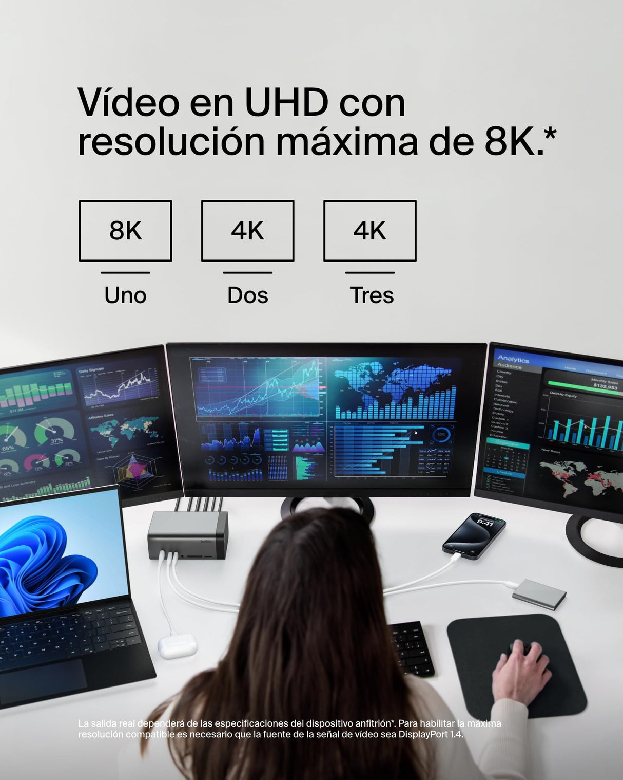 Belkin Hub USB-C, Base Dock USB c 11 en 1 Pro GAN 150 W, Docking Station con USB-C, USB-A, Ethernet, SD, MicroSD, Puerto 3,5 mm, Puertos HDMI 4K para Tres monitores, Compatible con MacBook Pro y más