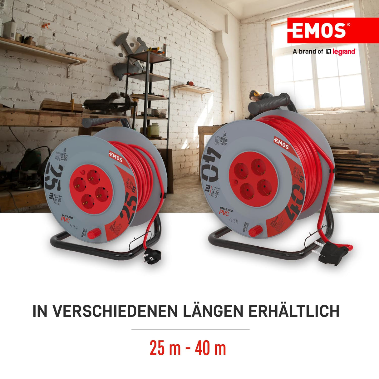 EMOS - Carrete de cable de 25m con cable alargador reforzado - 4 enchufes Schuko - 230 V, 16 A, 3680 W - Aislamiento PVC - H05VV-F3G 2,5 mm2 - Protección contra sobrecalentamiento - IP20 para