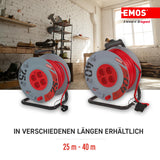 EMOS - Carrete de cable de 25m con cable alargador reforzado - 4 enchufes Schuko - 230 V, 16 A, 3680 W - Aislamiento PVC - H05VV-F3G 2,5 mm2 - Protección contra sobrecalentamiento - IP20 para