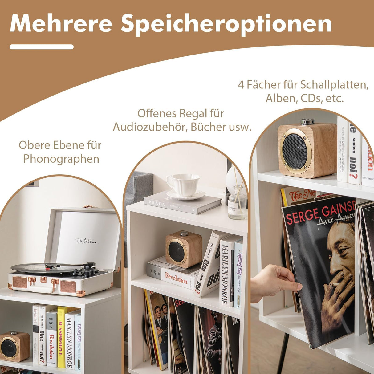 FANTASK Soporte para tocadiscos con estación de carga, soporte para discos de vinilo de 3 niveles, mesa de almacenamiento con estante y 4 separadores para salón, 48 x 40 x 88 cm
