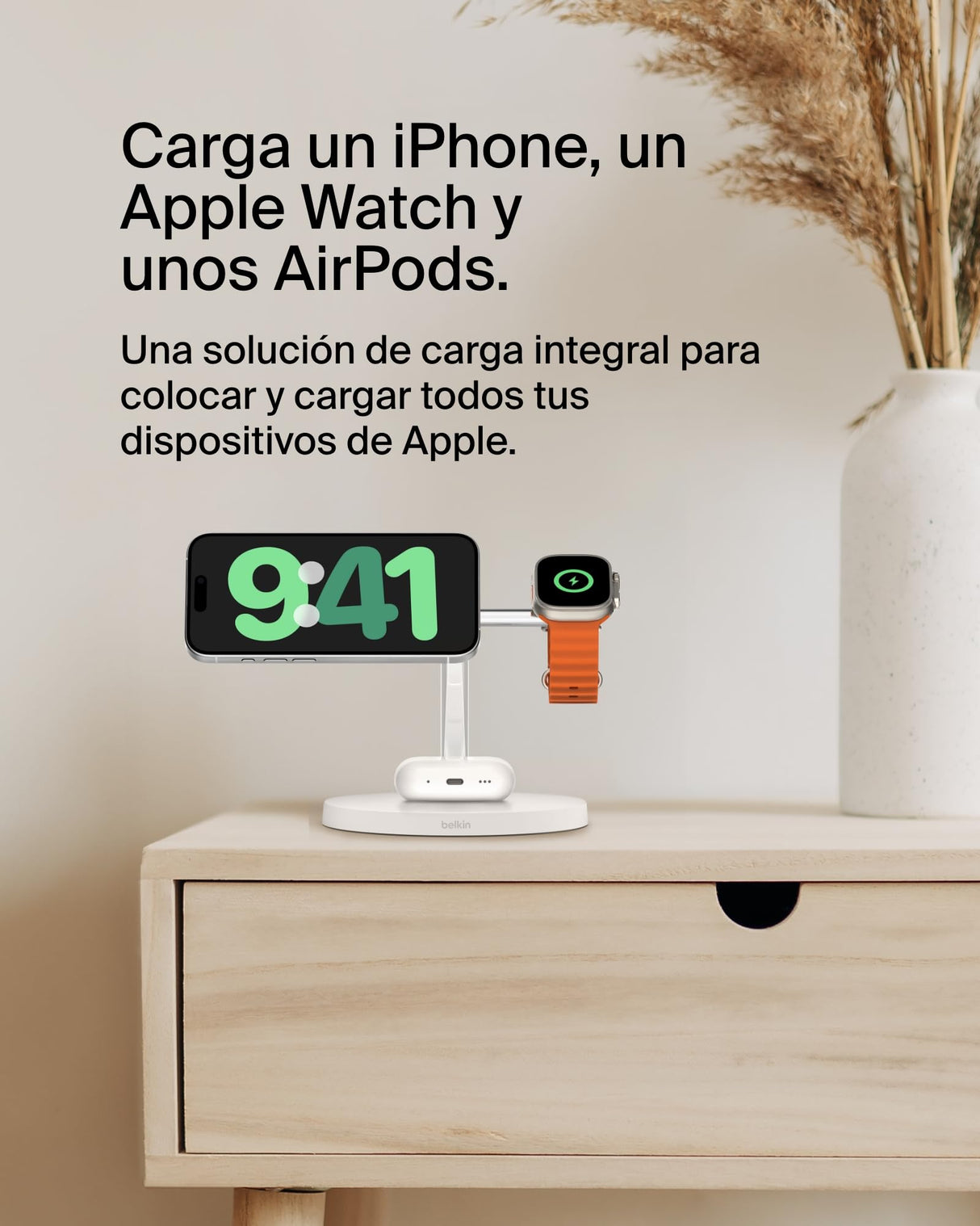 Belkin BoostCharge cargador Qi2 3 en 1, estación de carga inalámbrica con MagSafe, base de carga Qi2 para iPhone 16 Series, Apple Watch, AirPods, soporte antideslizante, fuente de alimentación, Blanco