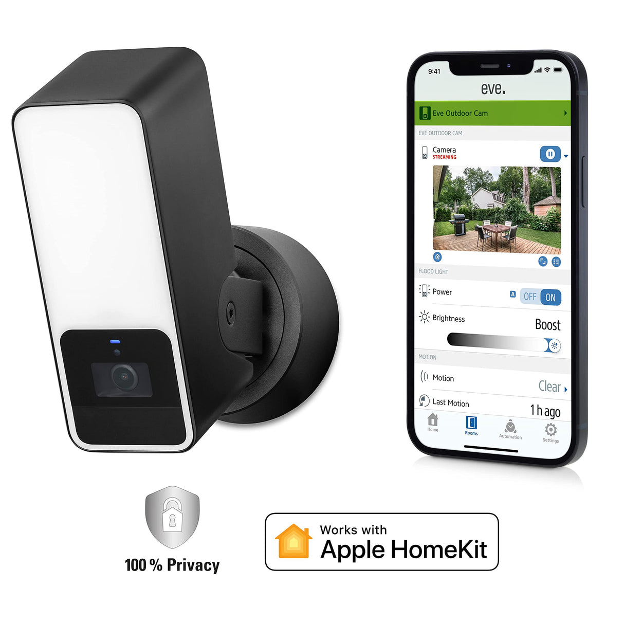 Eve Outdoor Cam – cámara segura con foco, máxima seguridad y privacidad (HomeKit Secure Video), 1080p, visión nocturna, Wi-Fi (2,4 GHz), sensor de movimiento, comunicación bidireccional